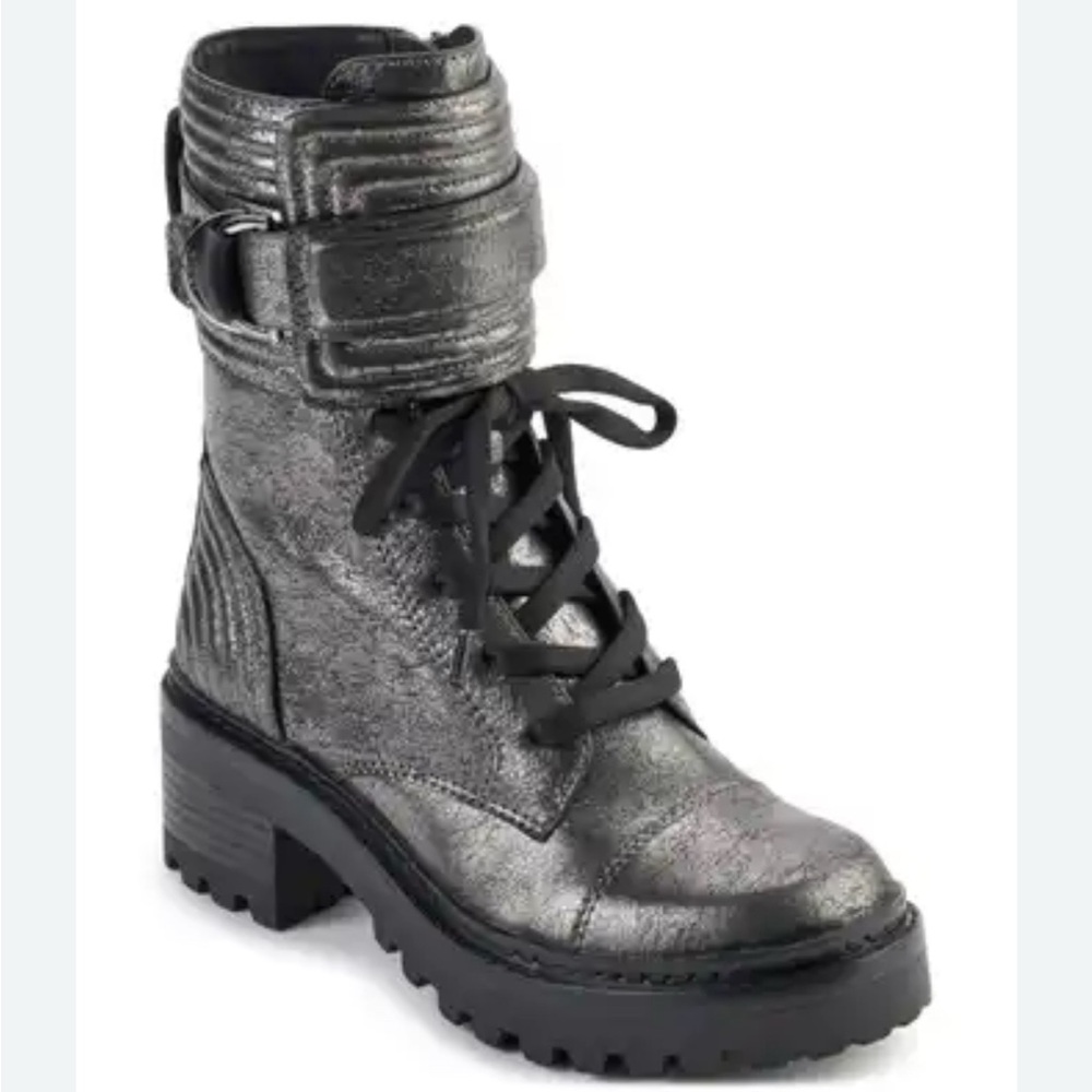 DKNY Womens Basia Leather Metallic Combat & Lace-up Boots